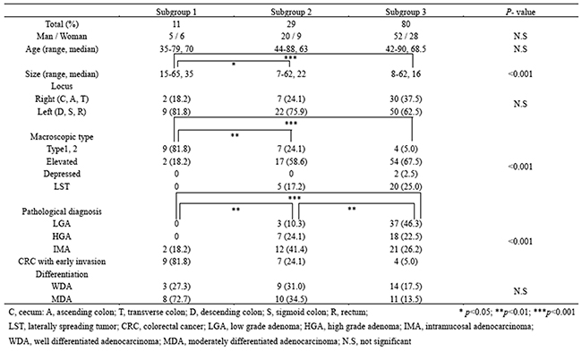 Table 1: Clinicopathological findings in subgroups 1, 2, and 3