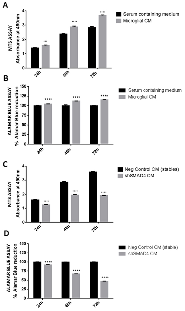 Effect of conditioned medium derived from shSMAD4 knockdown microglial cells on glioma cell viability.