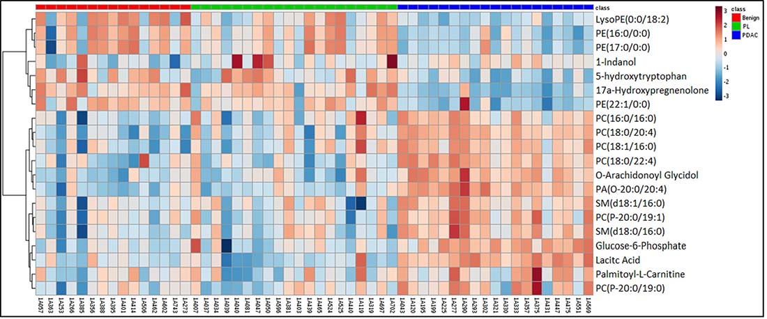 Heat map illustration of dysregulated metabolites in pancreatic lesions (PL) and pancreatic ductal adenocarcinoma (PDAC) gro ups as compared to the benign pancreatic disease group.