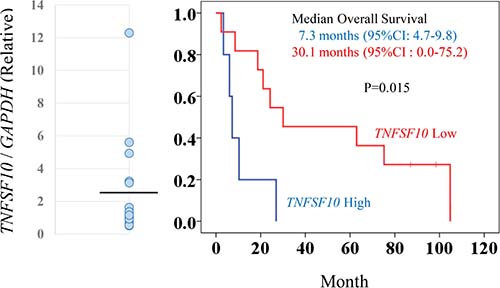 TNFSF10 (TRAIL) expression levels associated with prognosis for patients with metastatic RCC.