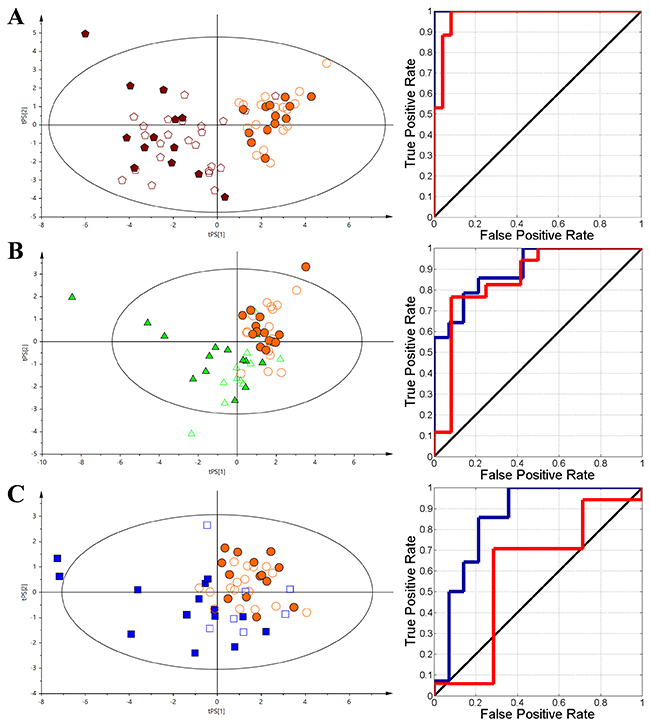 The VIP-PLS-DA models plots with the training (no fill) and test (fill) set samples and ROC curves.