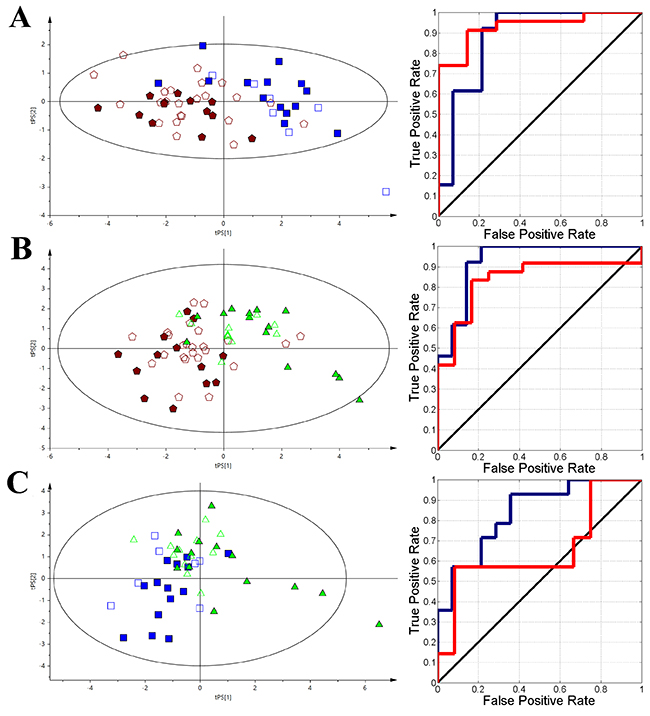 The VIP-PLS-DA model plots with the training (no fill) and test (fill) set samples and ROC curves.