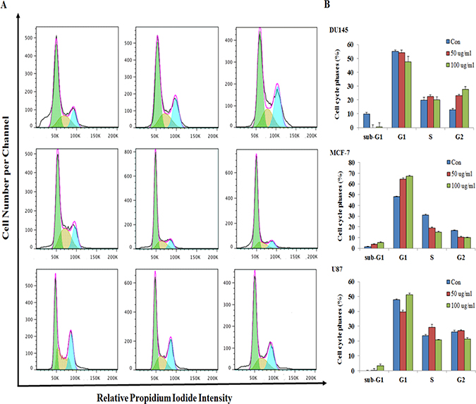 Effect of oleanolic acid (OA) treatment on cell cycle progression in DU145, MCF-7, and U87 cells.