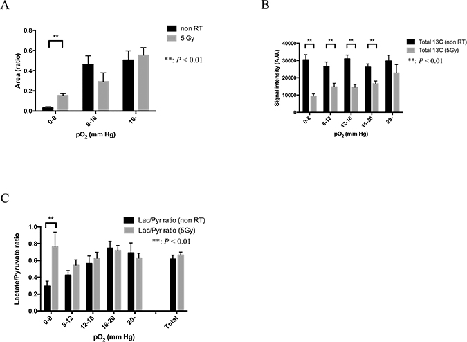 Glycolytic metabolism in each pO2 sub-region: comparison between non-irradiation control and 24 hours after 5-Gy irradiation in HT29 tumor.