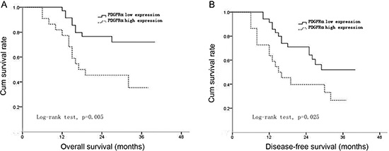 The correlation between PDGFR&#x03B1; expression and overall survival (OS) or disease-free survival (DFS) of the patients after surgery.