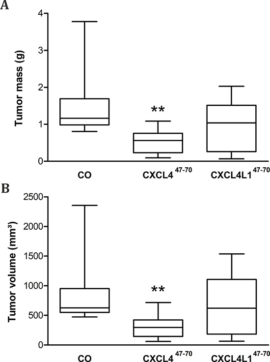 Tumor volume and mass after periodical CXCL447&#x2013;70 and CXCL4L147&#x2013;70 treatment.