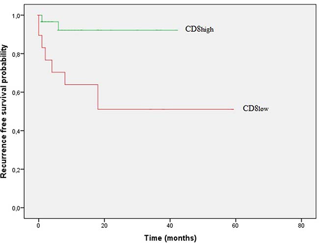 Kaplan&#x2013;Meier curves of recurrence free survival (RFS) according to frequency of CD8+cells in stage I&#x2013;III patients.