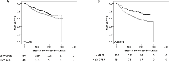 Kaplan-Meier analysis of breast cancer specific survival showing the impact of low (grey line) and high (black line) GPER protein expression