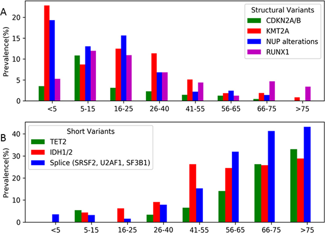 Prevalence of the selected common structural and short variants according to age subsets.