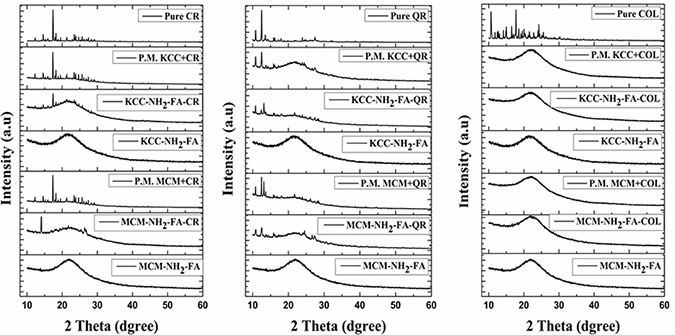 XRD patterns of FA-conjugated MSNs, drug-loaded FA-conjugated MSNs, and physical mixtures (P.M.) materials (simple mixing of drug with MSNs).