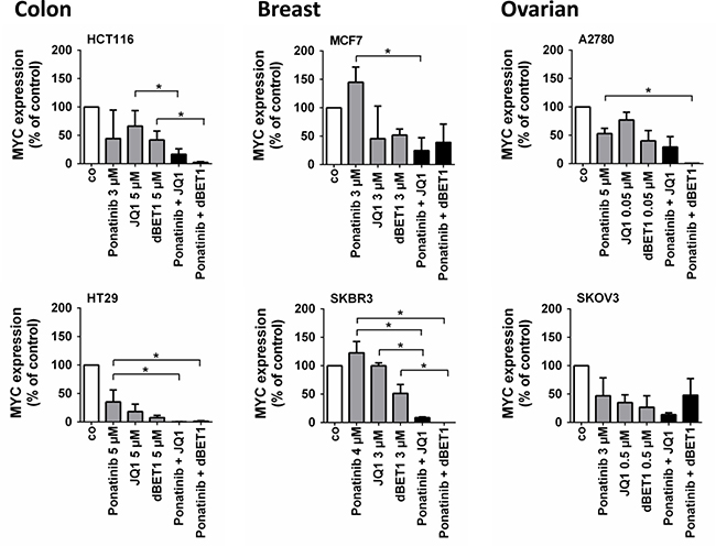 Effects of combination of ponatinib and JQ1 or ponatinib and dBET1 on MYC expression in colon, breast and ovarian cancer cells.