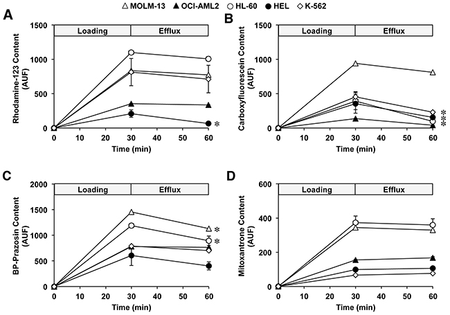 Time course of cell content of fluorescent ABC substrates in myeloid leukemia cells MOLM-13, OCI-AML2, HL-60, HEL and K-562 during loading and efflux periods.