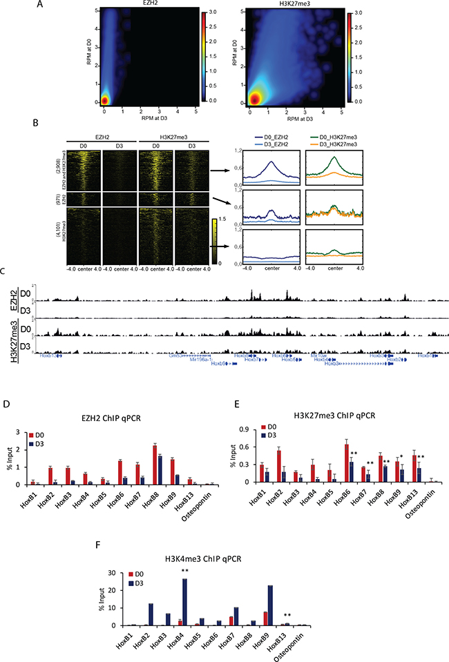 Displacement of H3K27me3 and PRC2 during cellular differentiation induced by RA.