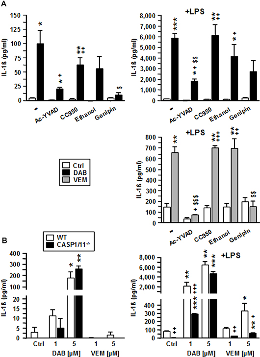 VEM and DAB activate NLRC4/Caspase-1 to induce IL-1&#x03B2; release, but DAB at higher concentration also acts in a Caspase-1/11-independent manner.