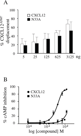 CXCL12 and N33A binding ability to CXCR4 and G&#x03B1;i-coupling efficacy.