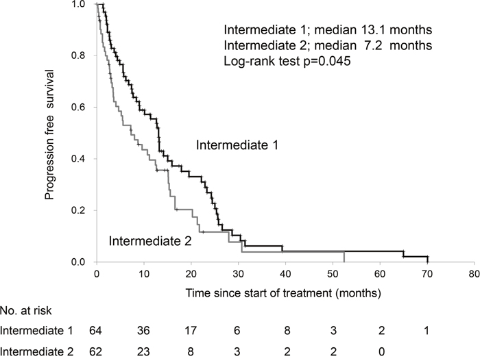 Progression-free survival of patients with 1 versus those with 2 risk factors in the Memorial Sloan Kettering Cancer Center risk classification.