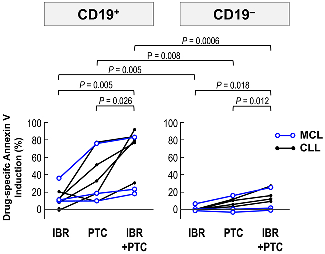 PTC596-induced apoptosis is enhanced by combination with ibrutinib in primary cells.