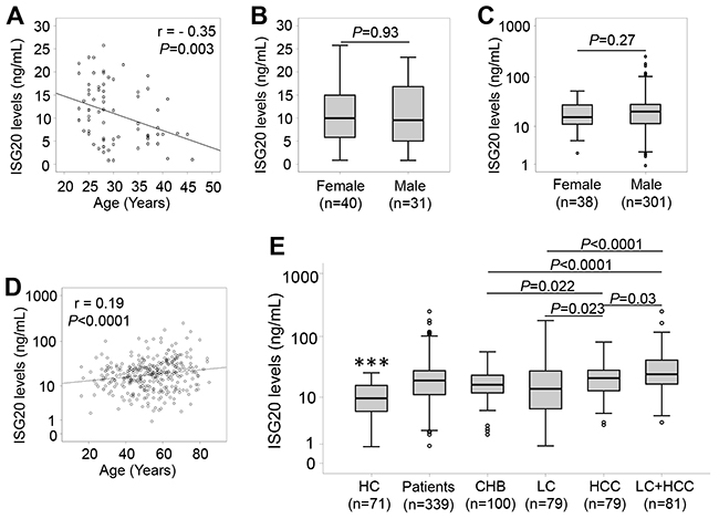 ISG20 levels in patients with HBV-related liver diseases and in healthy controls.