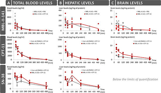 Pharmacokinetics studies of MBL-II-141 levels in total blood (A) liver (B) and brain (C).