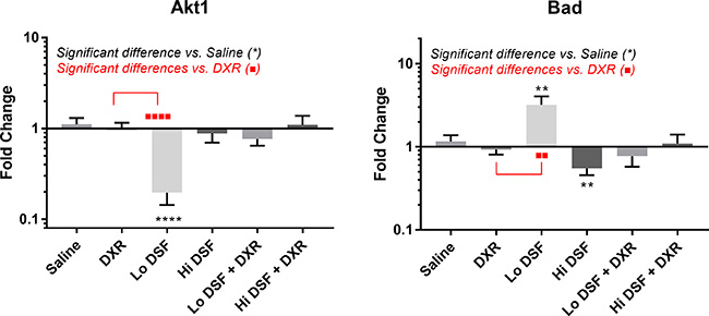 mRNA transcript expression analysis of AKT Serine/Threonine Kinase 1 (Akt, left) and BCL2 Associated Agonist of Cell Death (Bad, right).