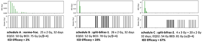 IED efficacy for three schedules: (A) normofractionated schedule (50 Gy in 25 fractions) very low IED Efficacy = 2%, (B) split-bifrac-1; proposal of new schedule that starts with one short bifractionation (2+2) for one day, split with 10-day break, 9 days of bi-fractionation (2+2) then 2 weeks of normofractionated, with same duration than A, same repopulation risk, EQD2 and BED than A, higher IED Efficacy = 28%; (C) split-bifrac-2 proposal of new schedule, starting with one short bifractionation (3+3) over 2 days, split with 13-day break, one week bifractionation (2+2), two weeks normofractionated, same duration than A, same repopulation risk, slightly higher EQD2 and BED than A, but much higher IED Efficacy = 67%.