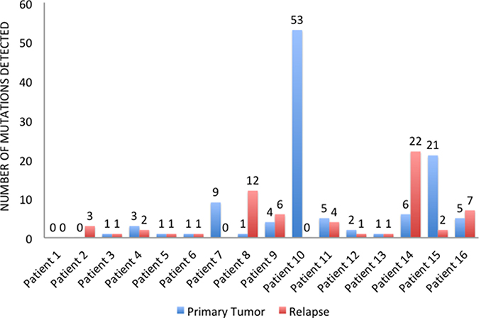 Number of pathogenic variants detected in primary tumors and relapsed tissues.