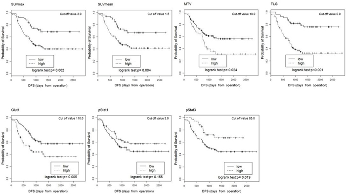 Kaplan-Meier estimates of survival functions for DFS in the low and high groups for the SUVmean, SUVmax, MTV, TLG, Glut1, pStat1, and pStat3 in the 140 NSCLC patients.