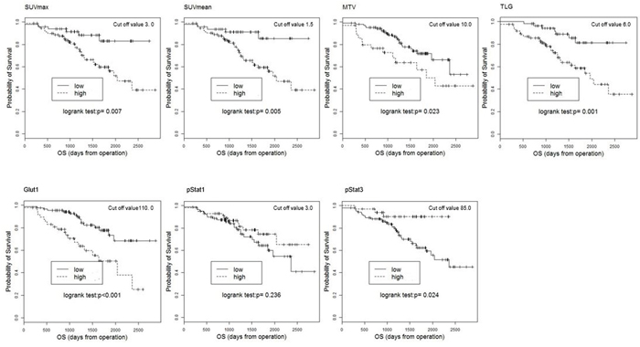 Kaplan-Meier estimates of survival functions for OS in the low and high groups for the SUV mean, SUVmax, MTV, TLG, Glut1, pStat1, and pStat3 in 140 NSCLC patients.