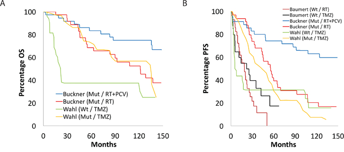 Overall and progression-free survival based on IDH1 status.