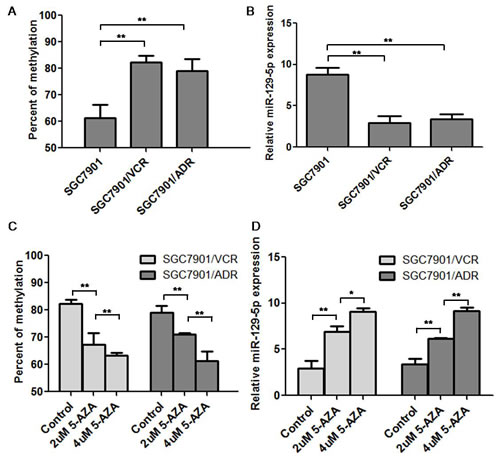 MiR-129-5p was hyper-methylated and was down-regulated in MDR gastric cancer cell lines.