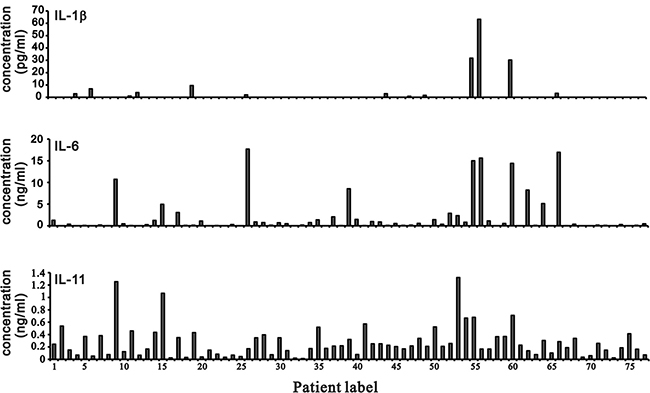 IL-1&#x03B2;, IL-6, and IL-11 levels in synovial fluid from OA patients.