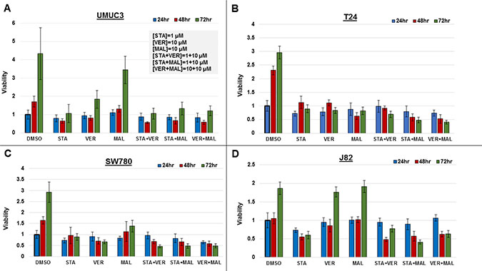 Combinations of HSP70 and HSP90 inhibitors reduce cell viability to different degrees over time.