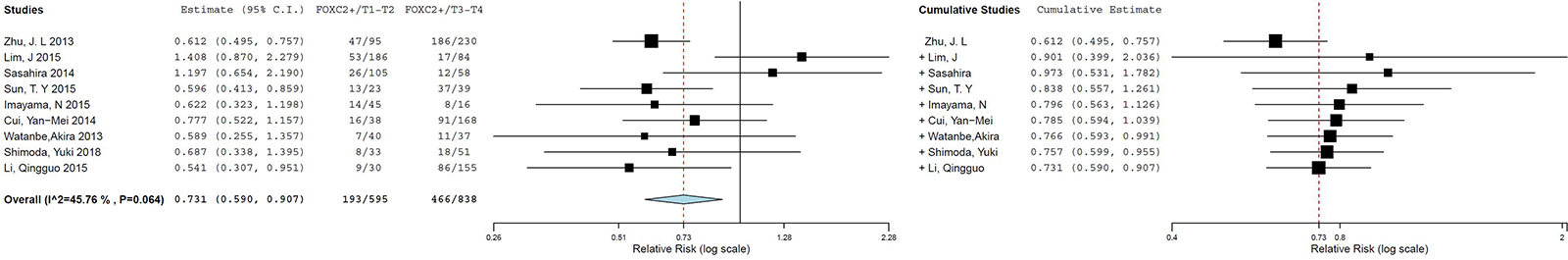 Relative risk of FOXC2 expression in early- and late-stage tumors (individual studies).
