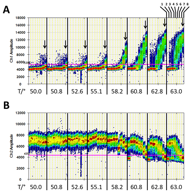 Digital quantification of fluorescence signals in the samples with no or rare number of methylated DNA fragments against a background of 25,000 unmethylated DNA fragments of the PLA2R1 gene after pre-amplification with 2.5 mM MgCl2 for 15 cycles using PL-161 bp primer pair in dependence on annealing temperature.