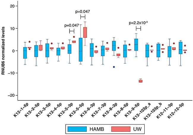 Comparison between mature KSHV microRNA expression in KS tumor biopsies from HAMB and from UW.