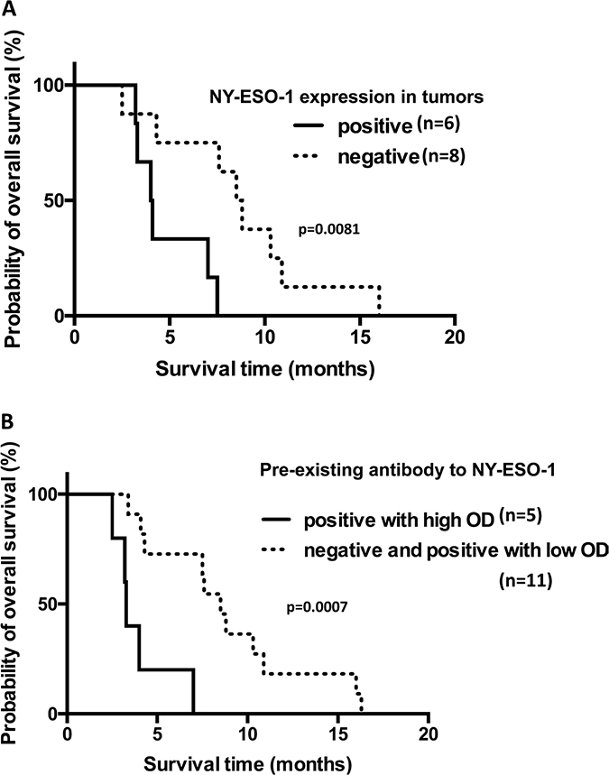 Overall survival of patients with refractory esophageal or head/neck squamous carcinoma who co-expressed NY-ESO-1 or had pre-existing immunity to NY-ESO-1.
