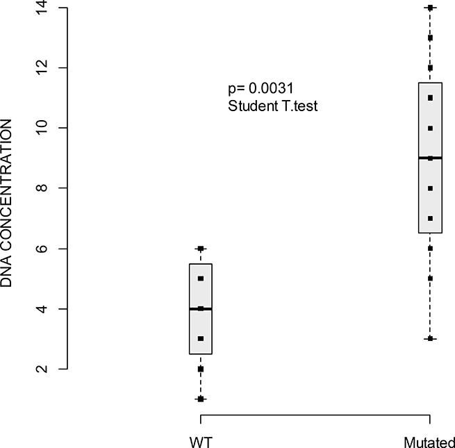 Boxplot of cfDNA concentration (measured with Qubit, ng/&#x03BC;l) and the presence of plasmatic mutations WT versus mutated.