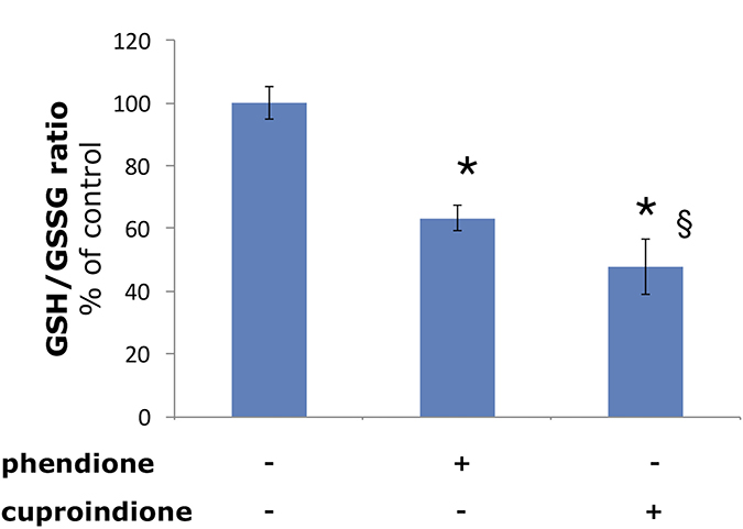Effect of phendione or cuproindione treatment on GSH redox state in SH-SY5Y cells treated with a phendione or cuproindione 3 &#x00D7; IC50 concentration for 90 minutes.
