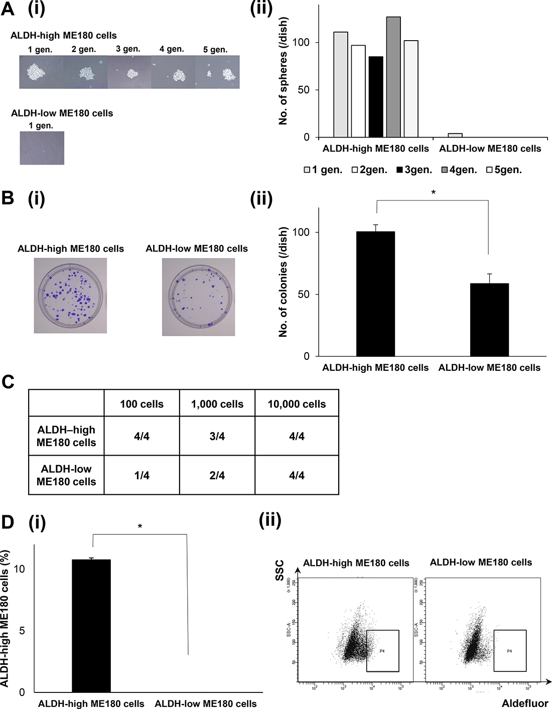 Cancer stem-like properties of ALDH-high ME180 cells.