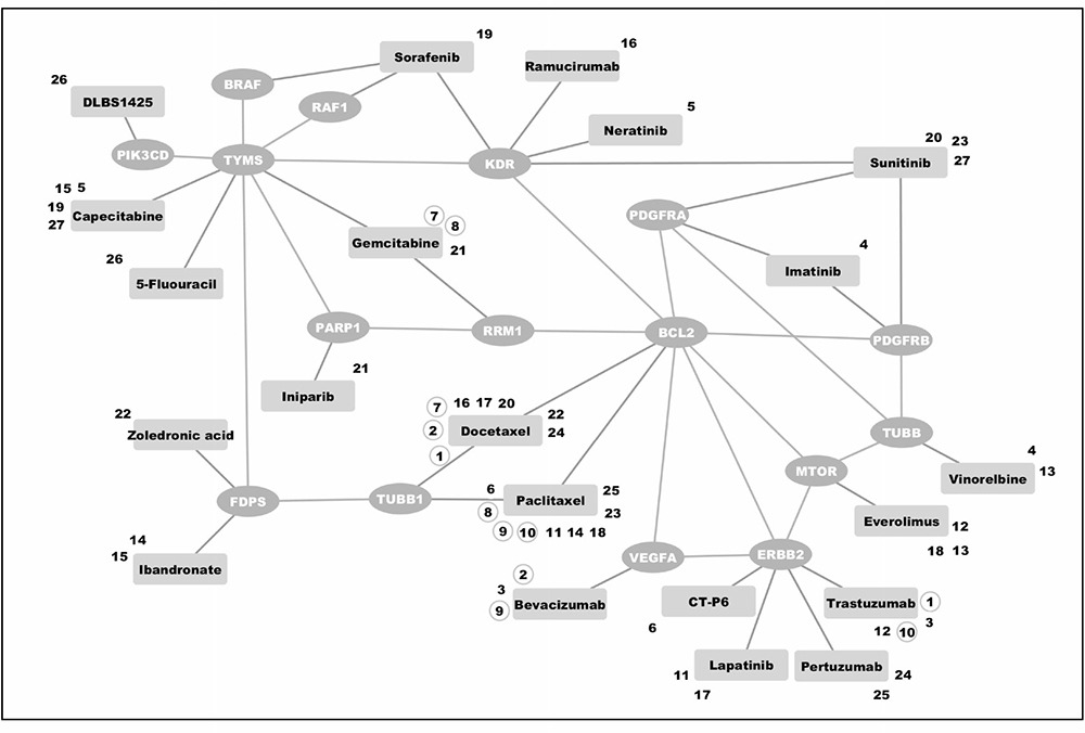 Predicted synthetic lethal interactions among drugs currently used in clinical practice or clinical trials for breast cancer.