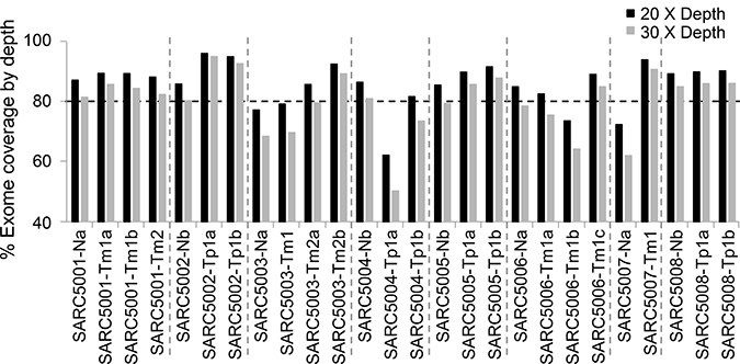 Whole exome sequencing coverage at 20X (black bar) and 30X (gray bar) depth.