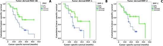 Kaplan-Meier curves display cancer-specific survival in patients with pancreatic cancer. Solid line: Low expression; dashed line: high expression.