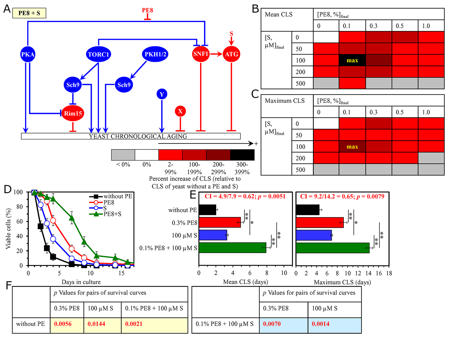 The longevity-extending efficiency of a mixture of 0.1% PE8 and 100 &#x03BC;M spermidine (S) statistically significantly exceeds those of PE8 and S, which were used at the optimal concentration of 0.3% or 100 &#x03BC;M (respectively).