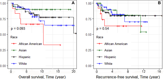 Kaplan&#x2013;Meier analyses of overall and recurrence-free survival and race/ethnicity for 115 TNBC cases (Figure 1A and 1B, respectively).