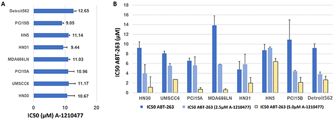 Inhibition of MCL-1 in HNSCC cells with A-1210477, alone and in combination with ABT-263 (navitoclax).
