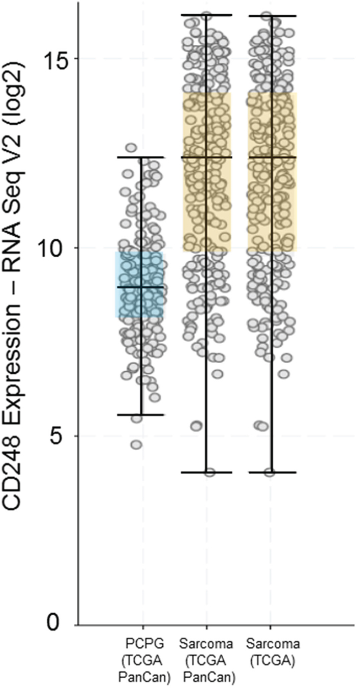 CD248 expression by RNA Seq V2 (log2) from the Cancer Genome Atlas (TCGA) showing expression of CD248 in pheochromocytoma and paraganglioma (PCPG) and Sarcoma.