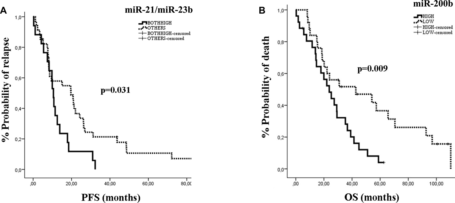 Kaplan&#x2013;Meier analysis for PFS and OS according to the expression of circulating miRNAs in HER2-negative patients.