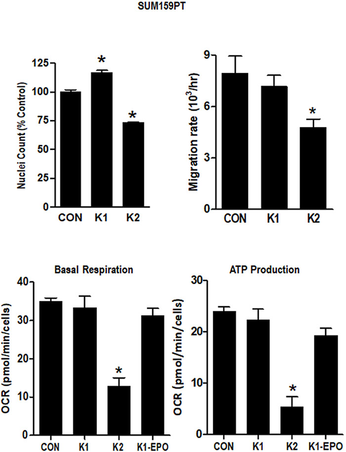 Effect of vitamins K1 and K2 on nuclei counts, migration rates and metabolism in SUM159PT cells.