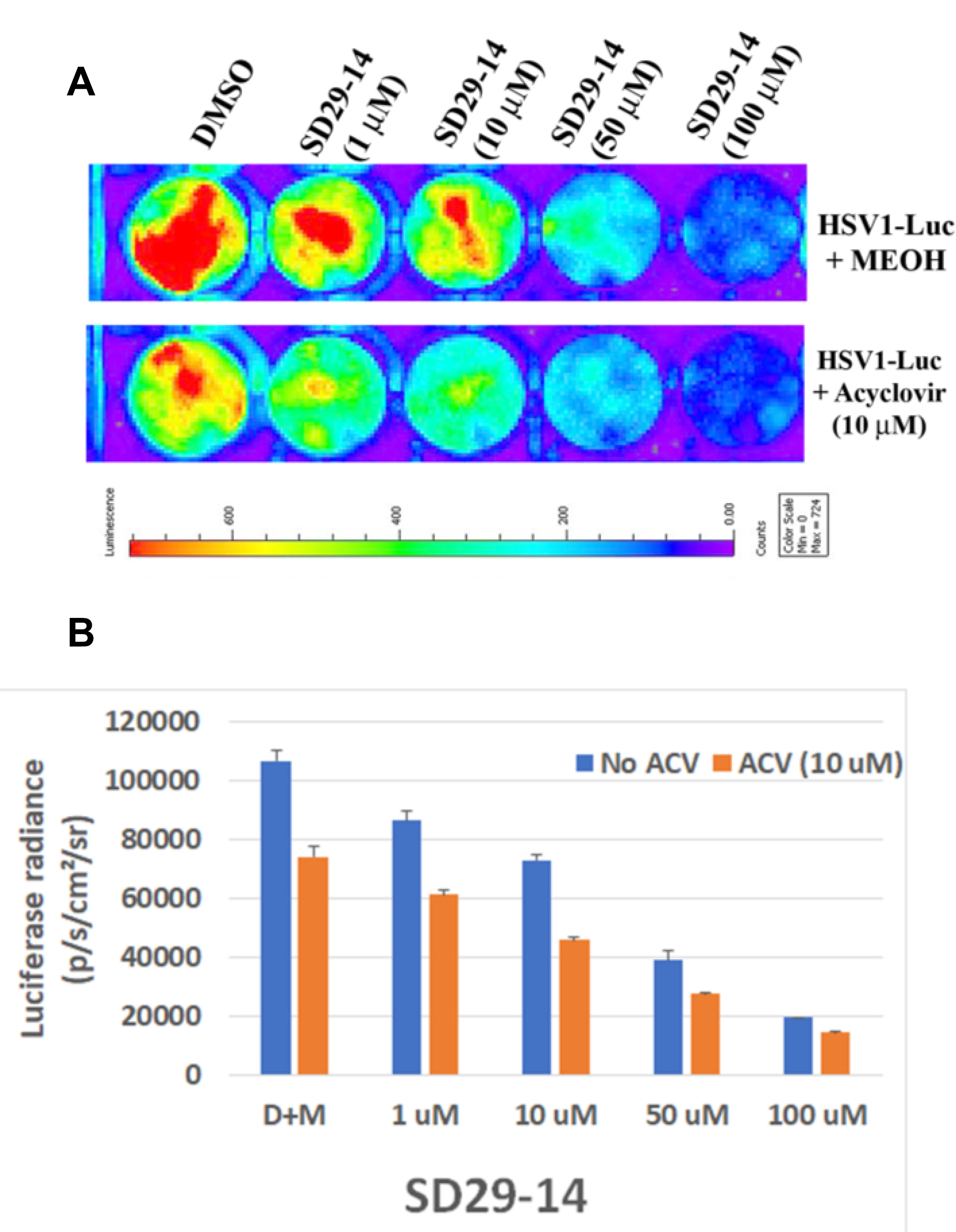 Efficacy of SD29-14 compared with anti-herpes drug acyclovir.