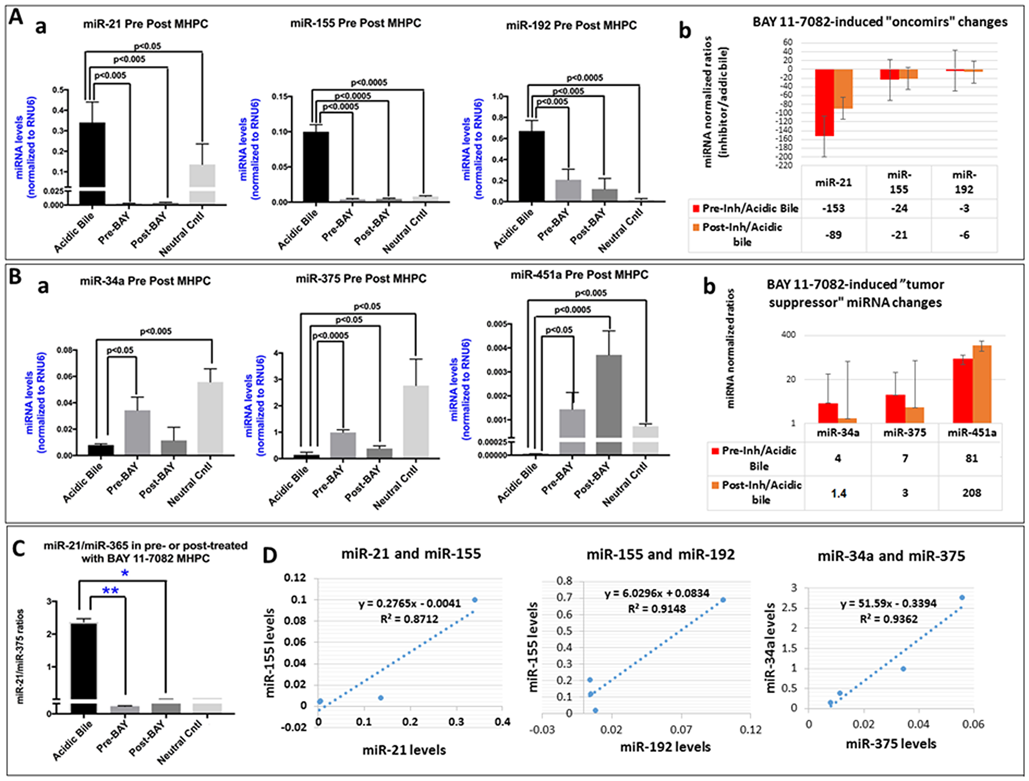 Pre- or post-application of BAY 11-7082 inhibits the acidic bile-induced deregulation of cancer-related miRNA markers, in MHPC.